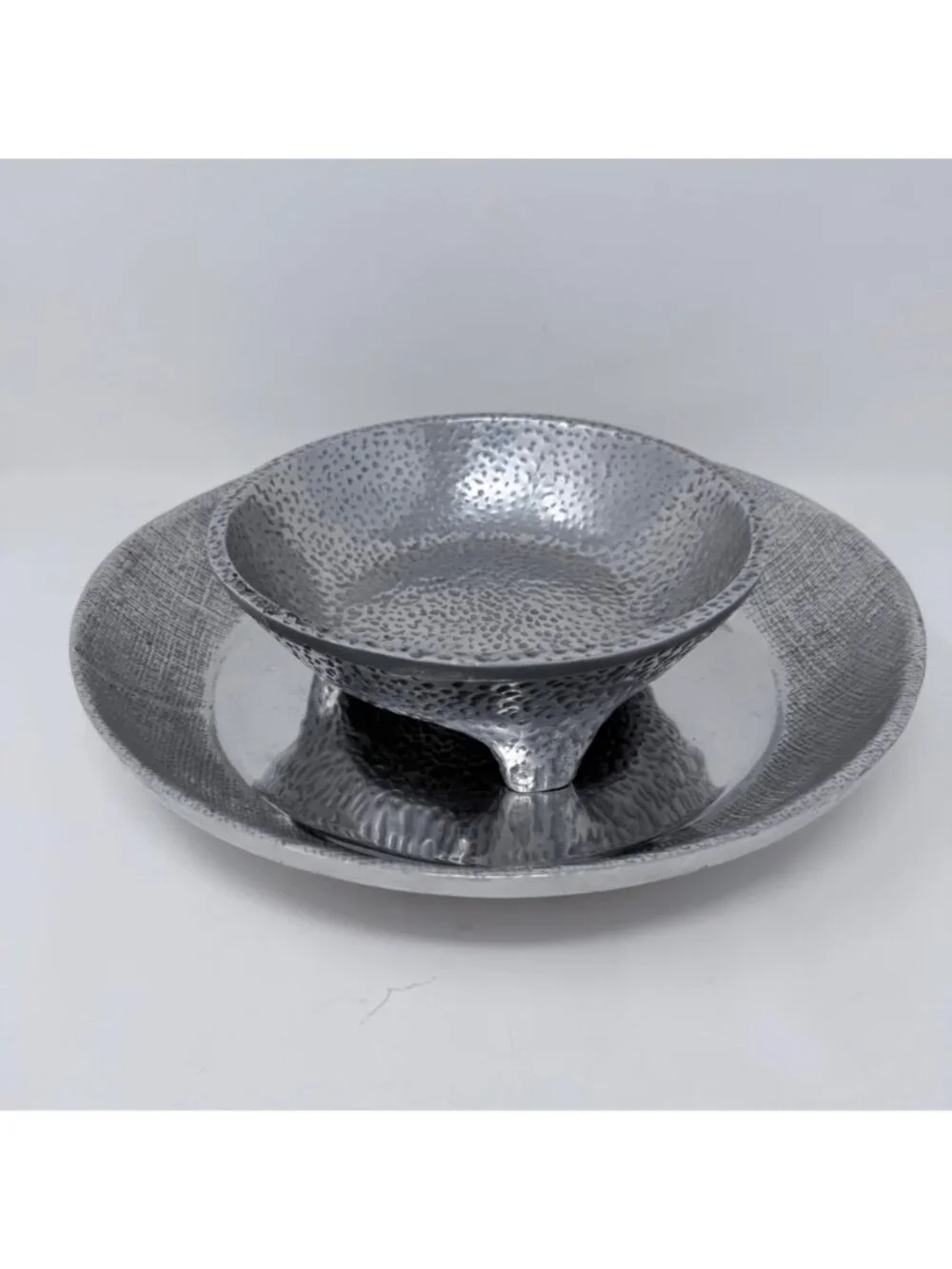 Mexican Hammered Metal Footed Bowl & Tray Set